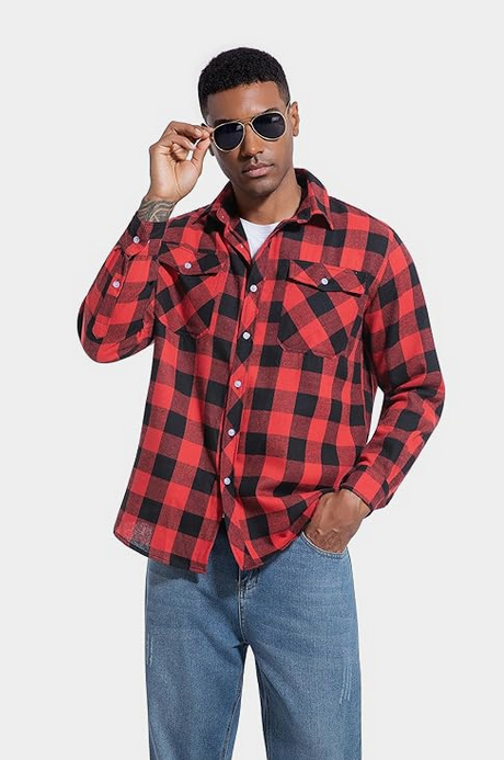 Chemise en Flanelle pour Homme, Chemise à Carreaux à Manches Longues, Coupe Classique,Col Boutonné et Poche Poitrine