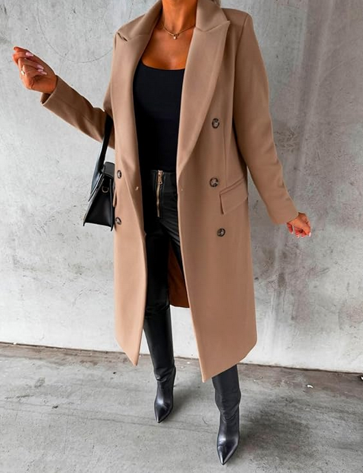 Manteau long en laine à double boutonnage pour femme