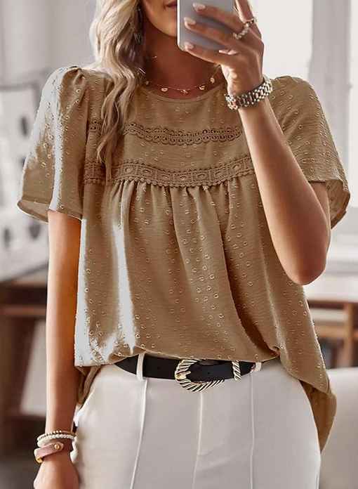 Chemisier Boho Blouse Manches Courtes Col Rond