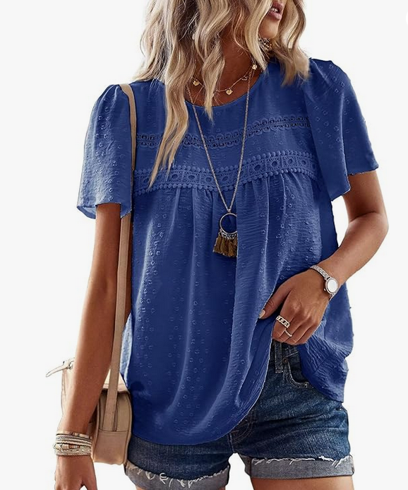 Chemisier Boho Blouse Manches Courtes Col Rond