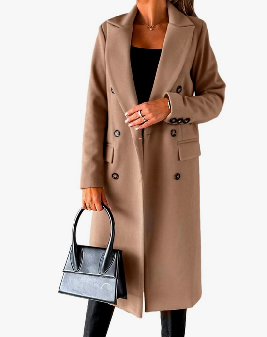 Manteau long en laine à double boutonnage pour femme