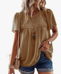 Chemisier Boho Blouse Manches Courtes Col Rond